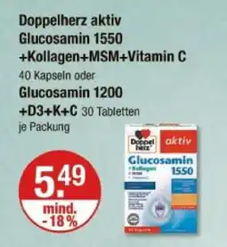 V Markt Doppelherz aktiv glucosamin 1550 +kollagen+msm+vitamin c oder glucosamin 1200 +d3+k+c Angebot