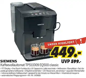 MEDIMAX SIEMENS Kaffeevollautomat TP511D09 EQ500 classic Angebot