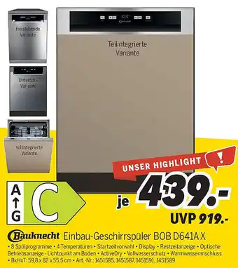 MEDIMAX Bauknecht Einbau-Geschirrspüler BOB D641AX Angebot