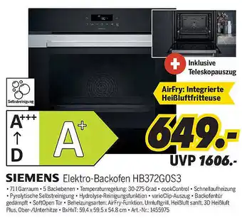 MEDIMAX SIEMENS Elektro-Backofen HB372G0S3 Angebot
