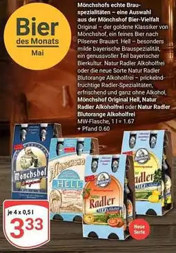 Globus Mönchshof Original Hell, Natur Radler Alkoholfrei oder Natur Radler Blutorange Alkoholfrei Angebot