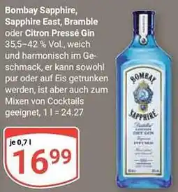 Globus Bombay Sapphire, Sapphire East, Bramble oder Citron Pressé Gin Angebot