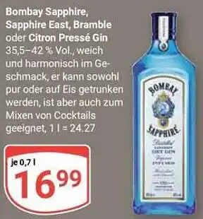 Globus Bombay Sapphire, Sapphire East, Bramble oder Citron Pressé Gin Angebot