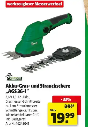 Hagebau Mr. gardener akku-gras- und strauchschere „ags 36-1“ Angebot