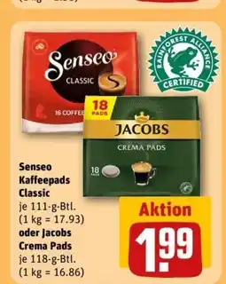REWE Senseo Kaffeepads Classic oder Jacobs Crema Pads Angebot