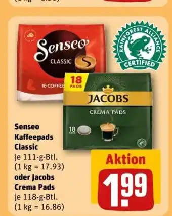 REWE Senseo Kaffeepads Classic oder Jacobs Crema Pads Angebot