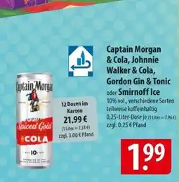 Famila Nord Ost Captain Morgan & Cola, Johnnie Walker & Cola, Gordon Gin & Tonic oder Smirnoff Ice Angebot