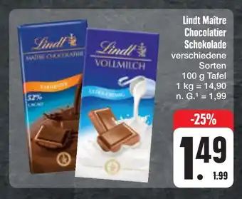 E-Center Lindt maître chocolatier schokolade oder voll milch Angebot