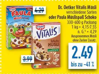 diska Dr. oetker vitalis müsli verschiedene sorten oder paula müslispaß schoko Angebot