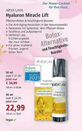 Reformhaus Ebken Arya Laya Hyaluron Miracle Lift Angebot