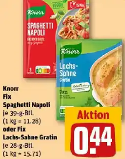 REWE Knorr Fix Spaghetti Napoli oder Fix Lachs-Sahne Gratin Angebot