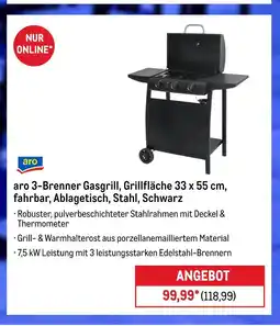 METRO Aro 3-brenner gasgrill, grillfläche 33 x 55 cm, fahrbar, ablagetisch, stahl, schwarz Angebot