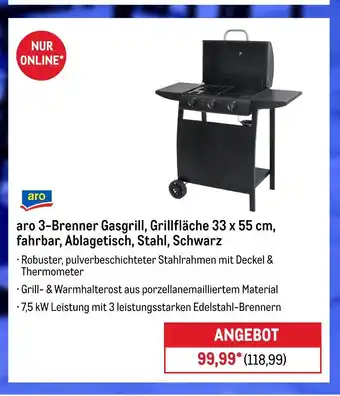 METRO Aro 3-brenner gasgrill, grillfläche 33 x 55 cm, fahrbar, ablagetisch, stahl, schwarz Angebot