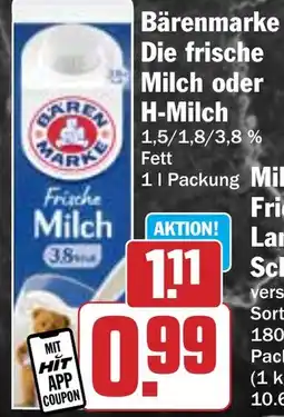 Hit Bärenmarke Die frische Milch oder H-Milch Angebot