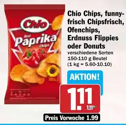 Hit Chio Chips, funny- frisch Chipsfrisch, Ofenchips, Erdnuss Flippies oder Donuts Angebot