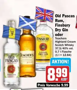 Hit Old Pascas Rum, Finsbury Dry Gin oder Teachers Highland Cream Angebot
