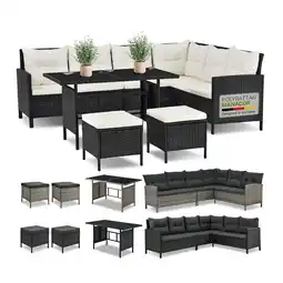 Netto Marken-Discount Juskys Gartenlounge Manacor schwarz - Sofa, Tisch, Hocker & Kissen - 7 Personen - Sitzbezüge Creme Angebot