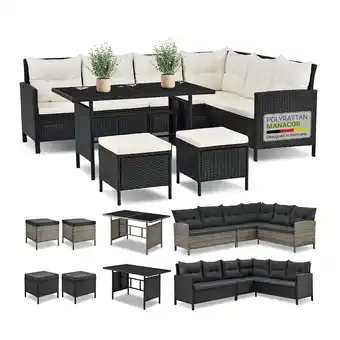 Netto Marken-Discount Juskys Gartenlounge Manacor schwarz - Sofa, Tisch, Hocker & Kissen - 7 Personen - Sitzbezüge Creme Angebot