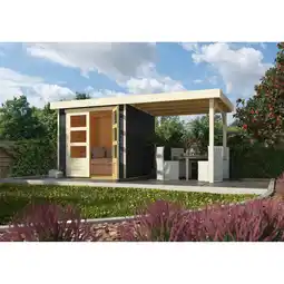 Netto Marken-Discount Karibu Gartenhaus Calabar 2 SET in terragrau mit Boden, Anbaudach, Dachfolie Angebot