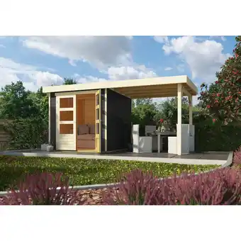 Netto Marken-Discount Karibu Gartenhaus Calabar 2 SET in terragrau mit Boden, Anbaudach, Dachfolie Angebot