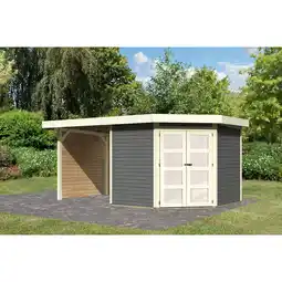 Netto Marken-Discount Karibu Gartenhaus Taraba 5 SET terragrau mit Boden, Dachfolie, Anbaudach 2,40 m Breite Angebot