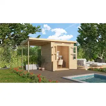 Netto Marken-Discount Karibu Gartenhaus Kano 3 SET naturbelassenes Holz mit Anbaudach + Dachbahn Angebot