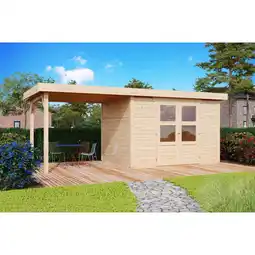 Netto Marken-Discount Karibu Gartenhaus Calabar 4 SET naturbelassen mit Boden, Anbaudach 2,40 m Breite, Dachfolie Angebot