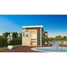 Netto Marken-Discount Karibu Saunahaus Ekiti SET terragrau mit Ofen 9 kW Bio ext. Strg., Kabel, Dachfolie Angebot