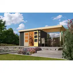 Netto Marken-Discount Karibu Gartenhaus Calabar 4 SET in terragrau mit Boden, Anbaudach, Dachfolie Angebot