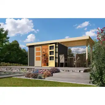 Netto Marken-Discount Karibu Gartenhaus Calabar 4 SET in terragrau mit Boden, Anbaudach, Dachfolie Angebot