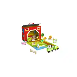 Netto Marken-Discount Tooky Toy Holz-Bauernhof Set TY201 tragbar 17-teilig Holzfiguren Scheune Zaun rot Angebot
