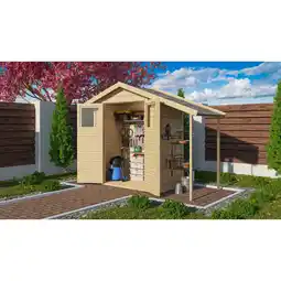 Netto Marken-Discount Karibu Holz Gartenhaus Hombach mit Anbaudach 14mm Wandstärke Angebot