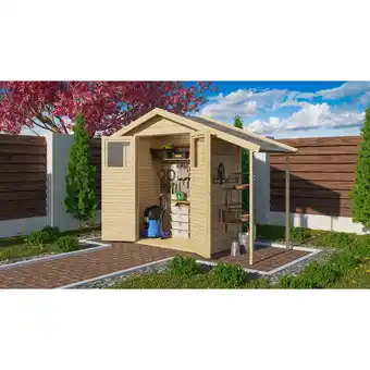 Netto Marken-Discount Karibu Holz Gartenhaus Hombach mit Anbaudach 14mm Wandstärke Angebot