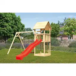 Netto Marken-Discount Karibu Spielturm Lotti Satteldach mit Rutsche rot und Doppelschaukel Angebot