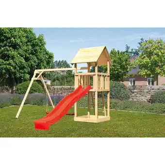Netto Marken-Discount Karibu Spielturm Lotti Satteldach mit Rutsche rot und Doppelschaukel Angebot