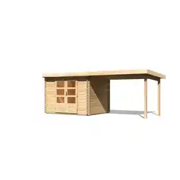 Netto Marken-Discount Karibu Gartenhaus San Antonio mit Anbaudach beidseitig anbringbar und Fußboden im Set naturbelassen Angebot