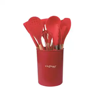 Netto Marken-Discount 12-tlg Küchenhelfer Kochbesteck Set Kochgeschirr Silikon Holzgriff Rot Angebot