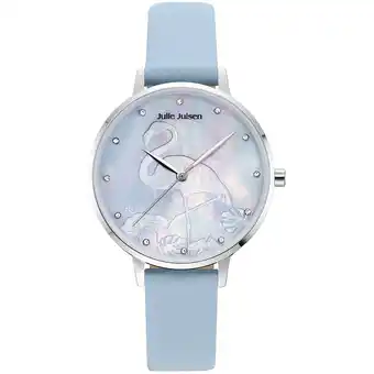 Netto Marken-Discount Julie Julsen Damenuhr Edelstahl silberfarben Lederband hellblau Flamingo Angebot