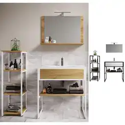 Netto Marken-Discount VCM 4-tlg. Waschplatz Waschtisch Badmöbel Set Waschbecken Holz Metall Industrial Style Bitila 80 V2 Angebot