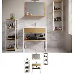 Netto Marken-Discount VCM 5-tlg. Waschplatz Waschtisch Badmöbel Set Waschbecken Holz Metall Industrial Style Bitila 80 V2 Angebot
