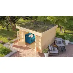 Netto Marken-Discount Karibu Blockbohlen Gartenhaus Rosé 3 naturbelassen Dachbegrünung Geräteschuppen Holzhaus Angebot