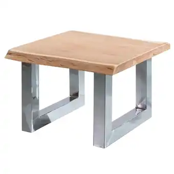 Netto Marken-Discount KADIMA DESIGN Massivholz Couchtisch im Landhaus-Stil, Braun, Baumkanten, Metallbeine, 58x40x60 cm Angebot