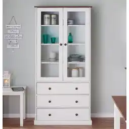 Netto Marken-Discount Inter Link FSC Vitrine Westerland mit 3 Schubladen und 2 Glastüren - Kiefer Massivholz - Weiss Angebot