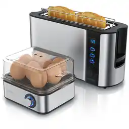 Netto Marken-Discount Arendo 2-teiliges Frühstücksset, 2-Scheiben Langschlitztoaster FRUKOST, 8er Eierkocher, Silber Angebot