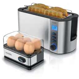 Netto Marken-Discount Arendo 2-teiliges Frühstücksset, Langschlitz 4-Scheiben Toaster MANHA, 6er Eierkocher, Silber Angebot
