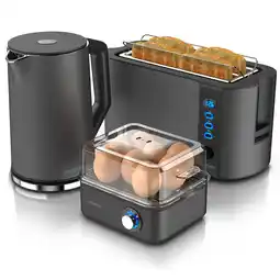 Netto Marken-Discount Arendo 3-teiliges Frühstücksset - Wasserkocher 1,5l, 4-Scheiben Toaster, 8er Eierkocher, Grau Angebot