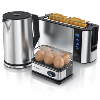 Netto Marken-Discount Arendo Frühstücksset 3-teilig, 2-Scheiben Toaster, 6er Eierkocher, Wasserkocher 1,5L, Silber Angebot