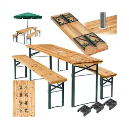 Netto Marken-Discount tectake Bierzeltgarnitur, 3-teilig mit Sonnenschirmhalterung, belastbar, Holzlackierung mit Klarlack Angebot