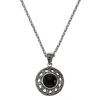 Netto Marken-Discount Zeeme Gemstones Halskette Silber 925 oxydiert 45cm lang mit schwarzem Achat 10mm Angebot