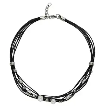 Netto Marken-Discount Zeeme Stainless Steel Halskette Leder schwarz mit Stahlkugeln und weißen Perlen Angebot
